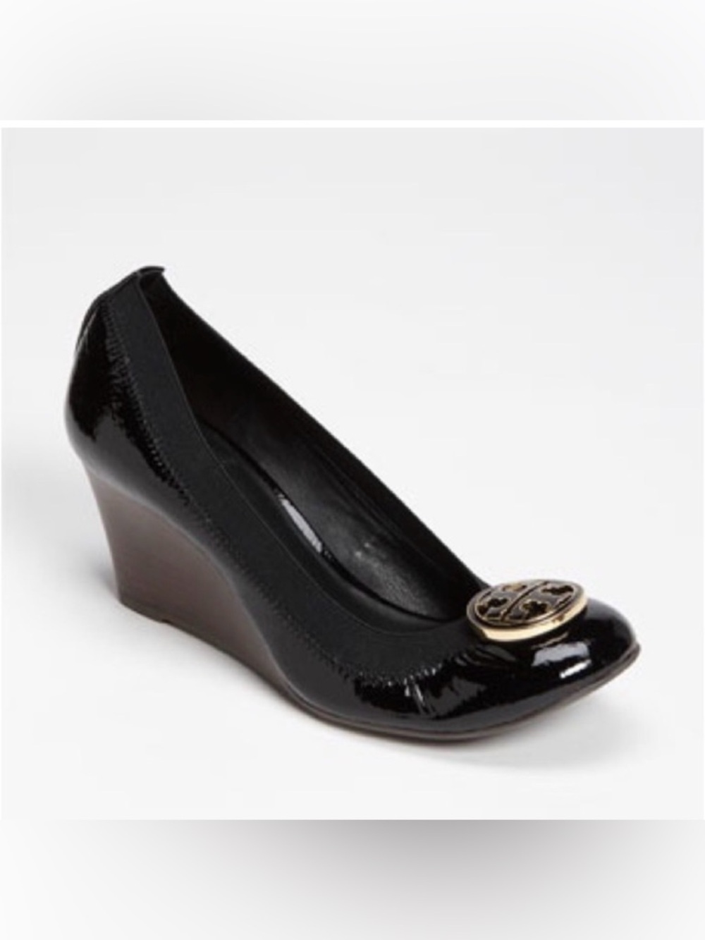 Tory Burch Black Patent Leather Wedge Pump with Gold Logo